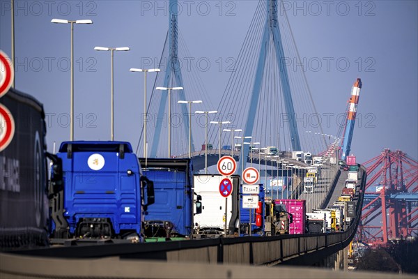Traffic on the Köhlbrand Bridge in the port of Hamburg, spans the 325 m wide Köhlbrand, an arm of