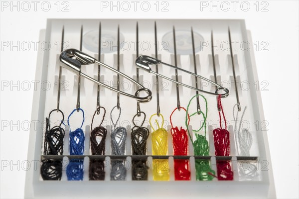 Sewing kit, sewing thread and sewing needles, already threaded, various colours, ready to sew,