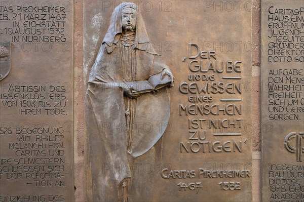Detail of the memorial plaque at the grave site of the humanist Carita Pirkheimer, former monastery