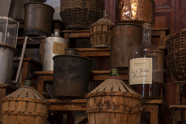 Historic bottles of fragrances in the Fragonard perfumery, Grasse, Département Alpes-Maritimes,