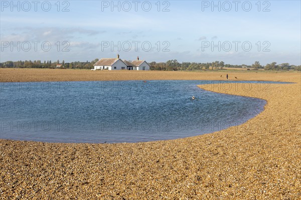 Lagoon of water used by swimmers on beach at Shingle Street, Suffolk, England, UK