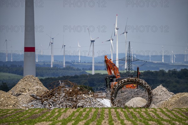 Wind farm north of Marsberg, old wind turbine is demolished, creates space for new, more powerful