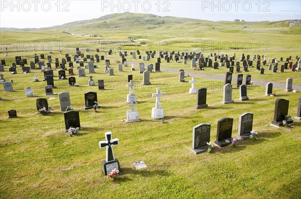 Burial ground set in machair grassland at Allathasdal, Barra, Outer Hebrides, Scotland, UK