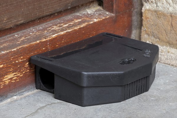 Poisoned plastic box for pest control, mouse bait station filled with rodenticide, poisonous paste