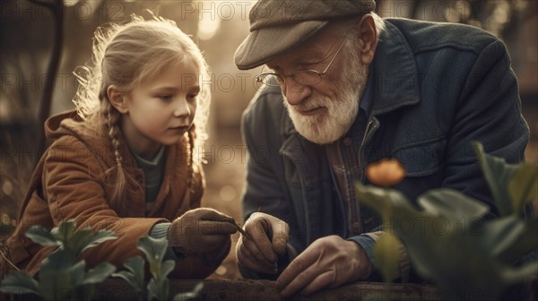 Elderly grandfather planting some spring plants with his granddaughter in the garden, generative