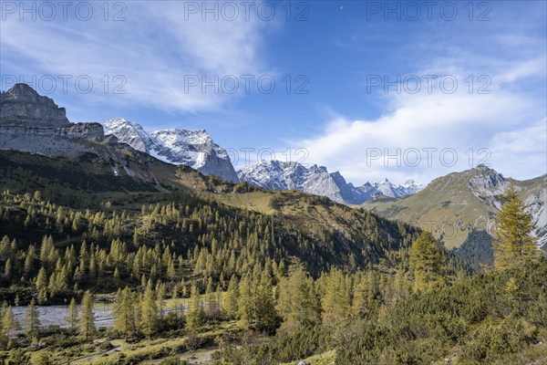 Mountain panorama with steep rocky peaks, yellow-coloured larches in autumn, view of Laliderspitze,