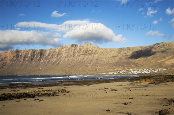Late afternoon light on beach and cliffs La Caleta de Famara, Lanzarote, Canary islands, Spain,
