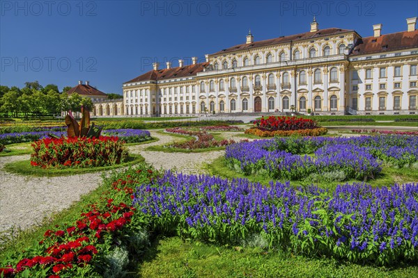 Garden parterre with flowerbeds in front of the New Palace in the Schleissheim Palace complex,