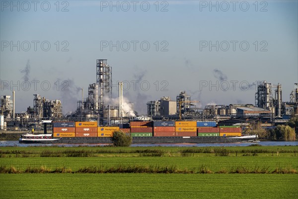 Cargo ship on the Rhine near Emmerich, Kao Chemicals backdrop, specialising in surfactants, KLK,