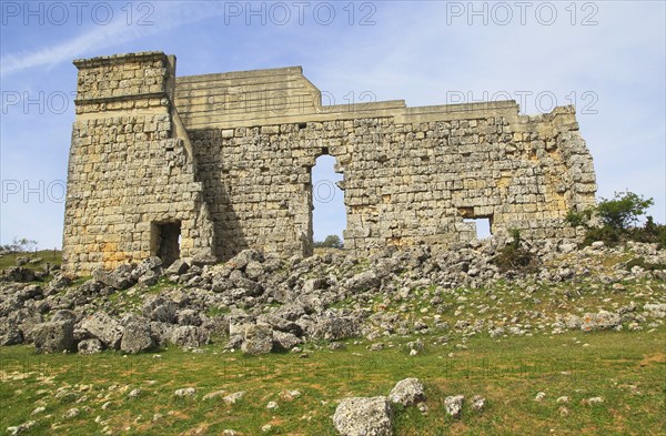 Remains of theatre stage background wall, Acinipo Roman town site Ronda la Vieja, Cadiz province,