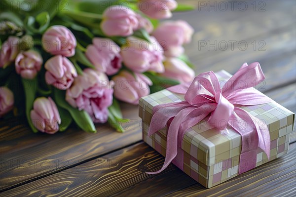 Gift Box with Pink Ribbon Beside bouquet of Fresh Tulips. Background for Valentine day, March 8,