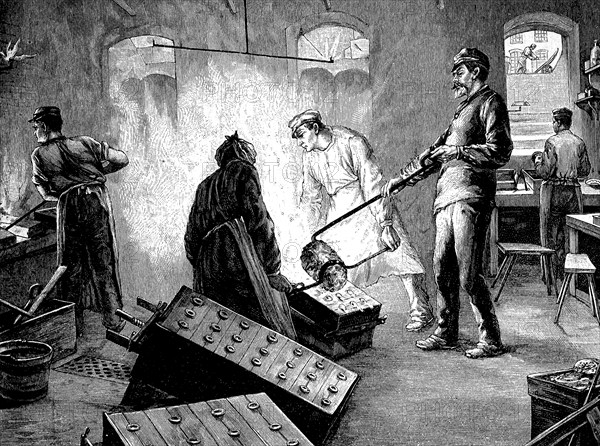 Metalworking, Men casting bronze, Illustration from 1880, Germany, Historical, digital reproduction