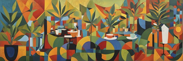 Abstract composition of a cannabis cafe with ambiance bold contrasting colors and playful shapes,