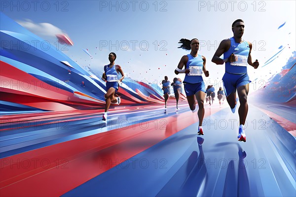 Marathon 2024 olympic runners in abstract dynamic shapes french tricolor blue white red, AI