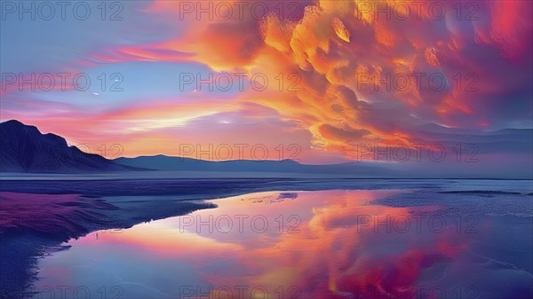 AI generated painting of a surreal landscape with mountains and a lake with digital brush strokes