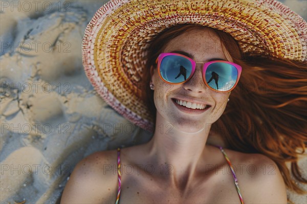 Oung happy woman with freckles, red hair and summer straw hat, sunglasses and swimwear lying in