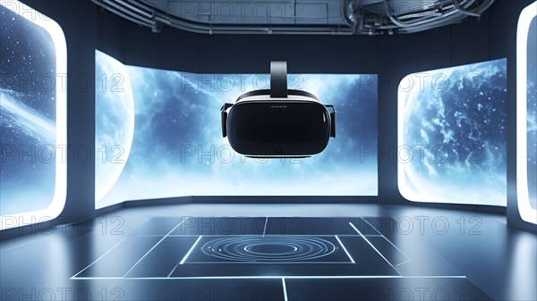 Three dimensional render of virtual reality glasses in a digital room, AI generated