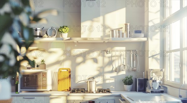 Modern kitchen with a stainless steel refrigerator and oven. Home renovation and upgrades, AI