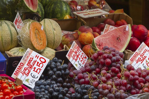 Range of different types of fruit, stand, Limone sul Garda, Lake Garda, Lombardy, Italy, Europe