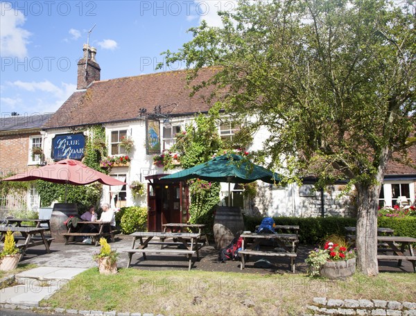 The historic Blue Boar pub on the village green in Aldbourne, Wiltshire, England, United Kingdom,