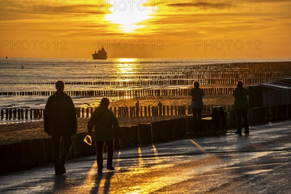 Sunset on the beach of Zoutelande, beach with wooden pile breakwaters, tourists, cargo ship sailing