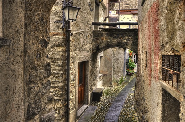 Walkway and Old Rustic Houses in City of Ronco sopra Ascona Ticino, Switzerland, Europe