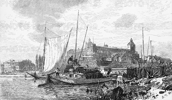 Castle on the Oder, Stettin or Szczecin, Poland, river, small harbour, barges, transport,