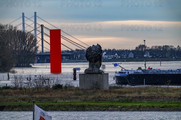 Flood on the Rhine near Duisburg, freighter in the harbour canal, Neuenkamp Rhine Bridge, old and