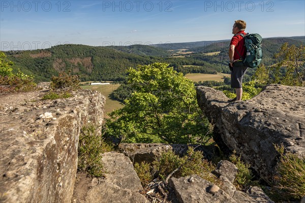Eugenienstein, view into the Rur valley, landscape along the red sandstone route, in the Rureifel,