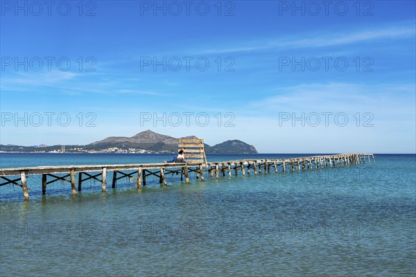 Bay of Alcudia, Platja de Muro, Muro beach, wooden walkway, Majorca, Balearic Islands, Spain,