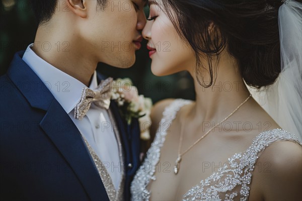 Young Asian wedding couple in love about to kiss. Generative Ai, AI generated
