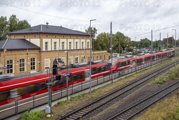 Railway station with station building and regional railway. Bad Belzig, Brandenburg, Germany,