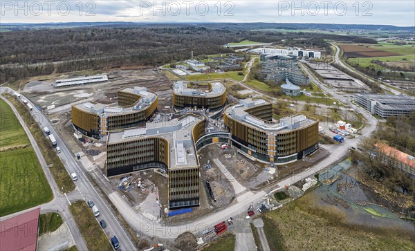 IBM construction project in Ehningen, aerial view. Large construction site Technology Campus. Once