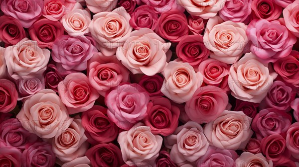 Valentine day background of close-up view of a beautiful mix of pink, red and white roses,