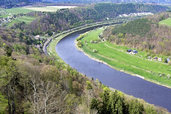 View over the Elbe River from the Konigstein fortress on top of the Elbe sandstone mountains,