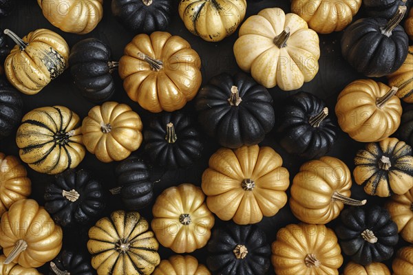 Top view of many small golden and black pumpkins. Generative Ai, AI generated