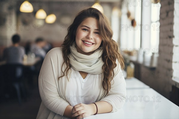 Happy smiling curvy plus size woman in restaurant. KI generiert, generiert AI generated