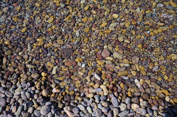 Colourful pebbles in the water with different textures and patterns, Lambi beach, pebble beach,