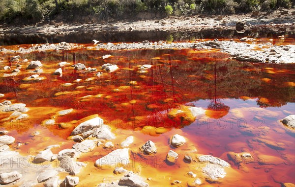 Blood red mineral laden water Rio Tinto river Minas de Riotinto mining area, Huelva province,