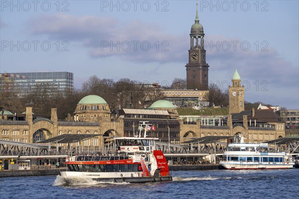 Hadag harbour ferry, on the Elbe, Landungsbrücken, main church St. Michaelis, Hamburg, Germany,