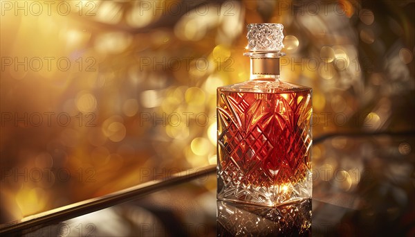 A bottle of liquor whiskey. Close-up of expensive classy whiskey drink, AI generated