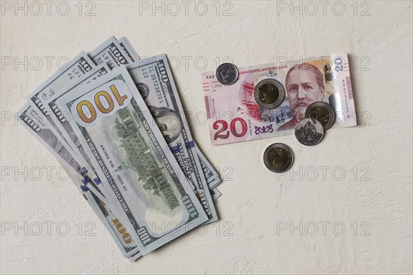 Lari, 20 GEL, Georgian monetary currency, with dollars, banknotes, top view, no people, on the