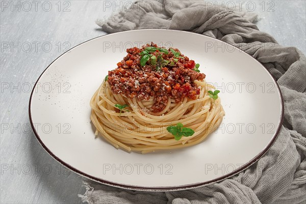 Spaghetti Bolognese, top view, close-up, no people, homemade