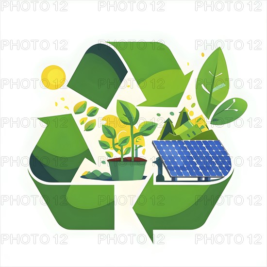 Recycling symbol morphing into growing plants and solar cells to symbolize the transformation of