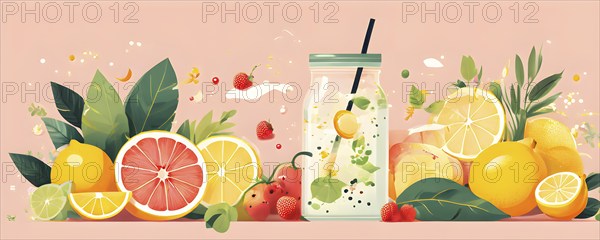 Abstract wallpaper of smoothie surrounded by an assortment of fruits and vegetables, AI generated