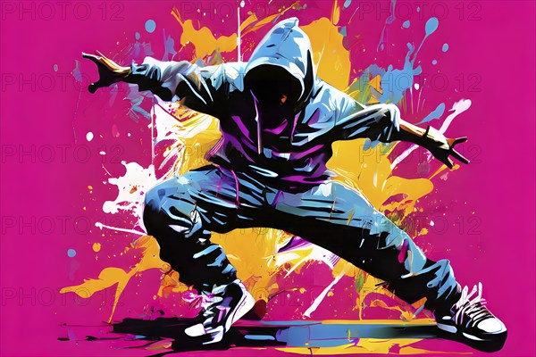 Illustration of a dynamic breakdancer mid action on a vibrant splash paint background, AI generated