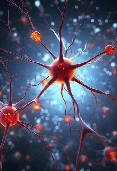 Visualization of neurons firing neurotransmitters in the synaptic gap, AI generated