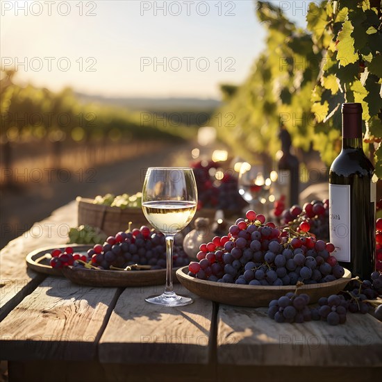 AI generated wine tasting table setup with wine and vine grapes nestled subtly amidst a thriving