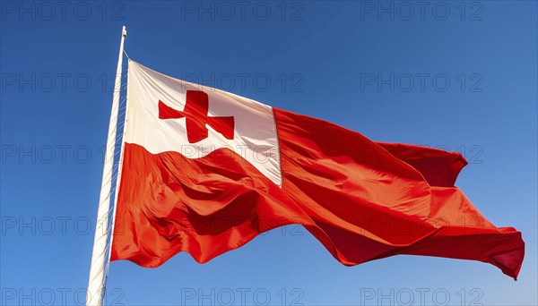 The flag of Tonga, Pacific island state, flutters in the wind, isolated against a blue sky