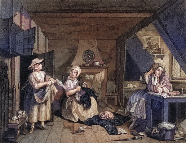 The distressed Poet From the original picture by Hogarth from The Works of Hogarth published London